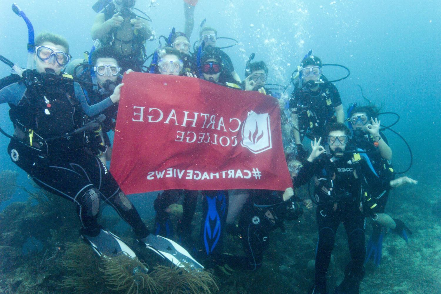学生们手持<a href='http://ls9.ngskmc-eis.net/'>博彩网址大全</a>旗帜，在j学期洪都拉斯游学之旅中潜水.